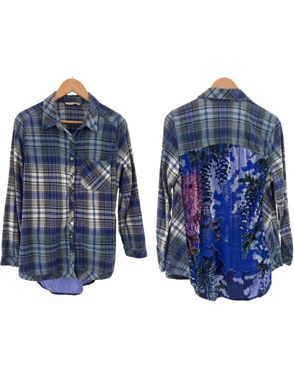 Soft Surroundings Plaid Flannel Velvet Burnout Button Down Shirt Top Blouse Sz L